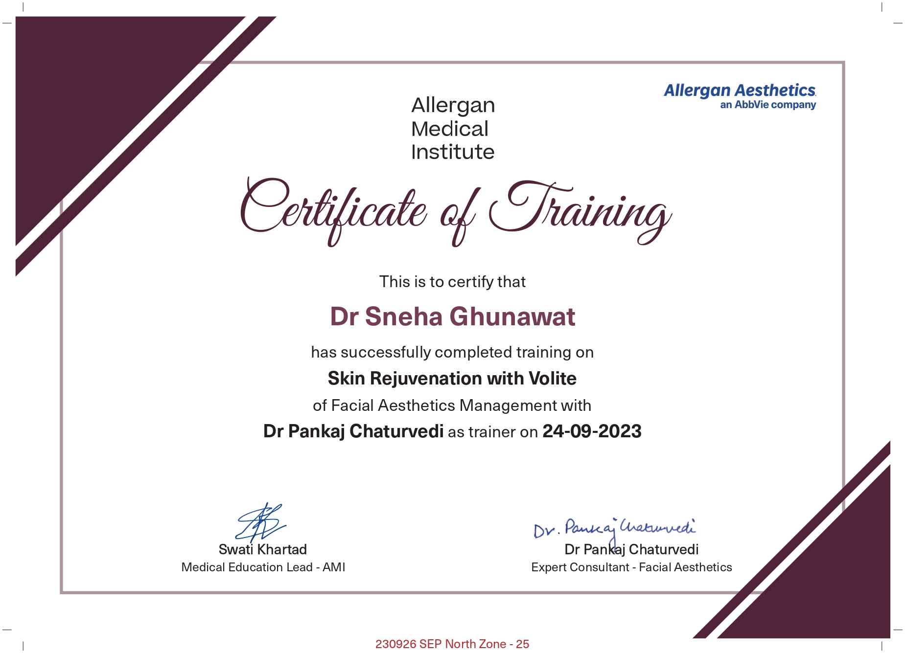 Dr. Sneha Ghunawat Certificate